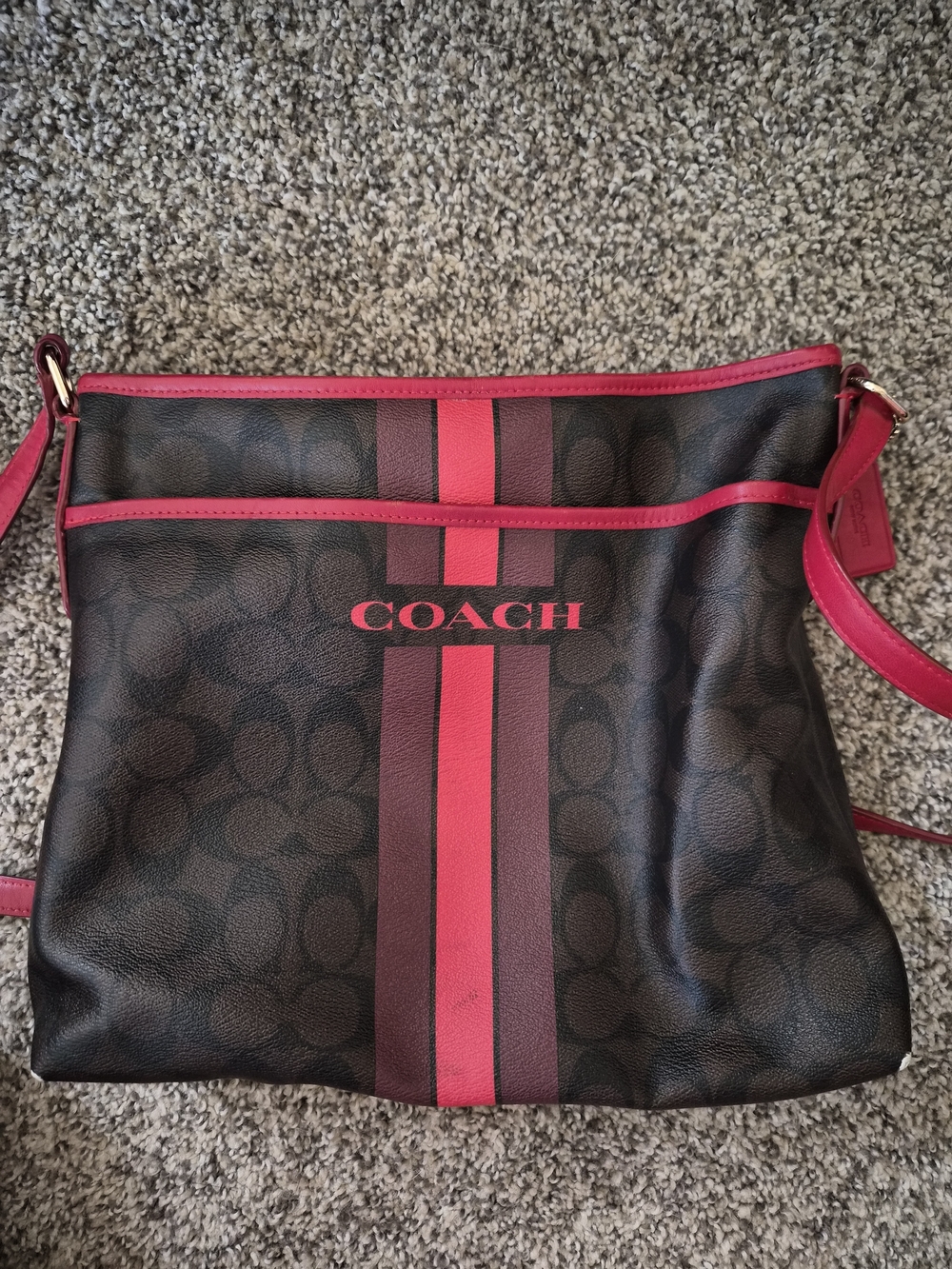 Coach Signature Stripe File Crossbody Brown Red Canvas Leather F38402 Adjustable